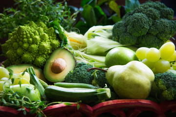 Fresh Raw Autumn Green Vegetables and Fruits