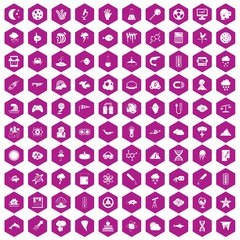 100 research icons hexagon violet