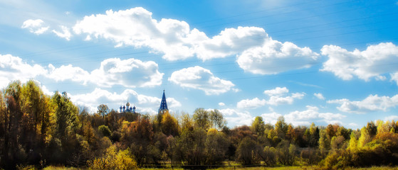 Autumn panorama of the Orthodox Church. Russian village