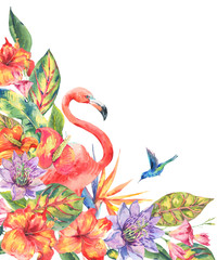 Watercolor pink flamingo and tropical flowers