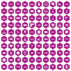 100 road icons hexagon violet