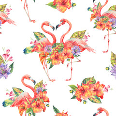 Naklejka premium Pink flamingo and tropical flowers seamless pattern