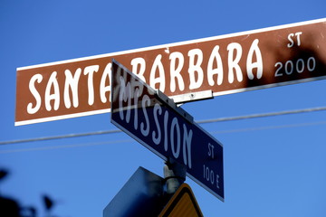 Santa Barbara Schilder und Mission Schild - obrazy, fototapety, plakaty