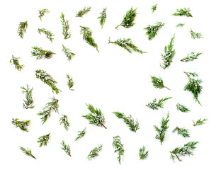 Fototapeta premium Christmas or New Year`s concept. Frame made of fir branches isolated on white background. Flat lay, top view
