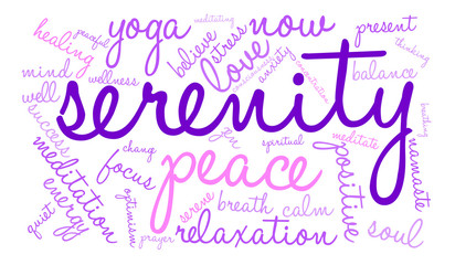 Serenity word cloud on a white background. 
