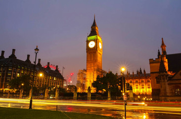 Fototapeta na wymiar The Big Ben tower at rainy night, London, United Kingdom.