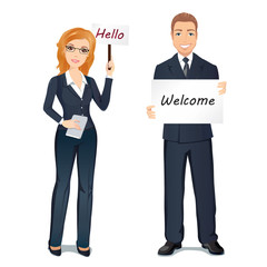 Group of people meet someone. A woman and a man greet someone with broadsheets and placard / Flat design, vector illustration