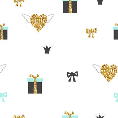 Magic design seamless pattern hand drawn  elements. With golden glitter texture. Vector illustration