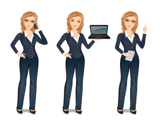Business woman in suit in different poses. Smiling woman full length, dress code. Flat design, vector cartoon illustration