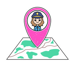 Textured pink geotag icon with policewoman portrait pointing at a map. Friendly female police officer. Police post/station/department location. GPS navigation concept. Professional security guard.