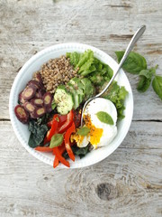 




Bowl of Buddha. The concept of healthy vegetarian food. Boiled buckwheat, cabbage kale, egg poached and raw vegetables
