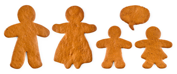 Gingerbread man and woman with kids - Christmas sweet cookies, isolated on white background