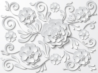 Beautiful white floral background with flowers and leaves. Vector illustration