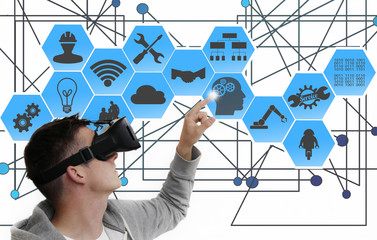 Man pointing at virtual interface