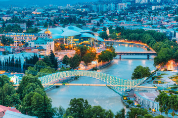 Top Illuminated Cityspape View Of Kura River Under Bridges And 