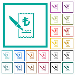 Signing Lira cheque flat color icons with quadrant frames