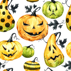 Watercolor seamless pattern, pumpkins with leafes. Halloween holiday illustration. Funny food. Magic, symbol of horror. Baby background. Can be use in holidays design, posters, invitations, card.