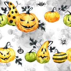 Watercolor seamless pattern, pumpkins with leafes. Halloween holiday illustration. Funny food. Magic, symbol of horror. Baby background. Can be use in holidays design, posters, invitations, card.