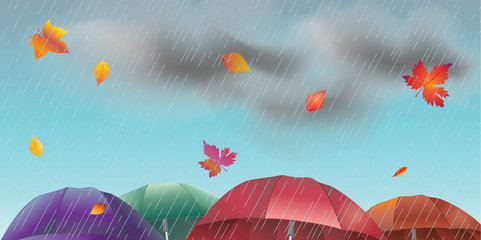 Rainy day Autumn landscape with fall leaves, umbrella, rain, sky clouds. Fall rain weather, fall season, Rainfall, rain drops background vector Realistic painting.