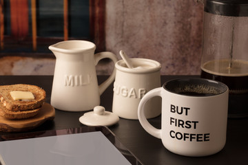 But First Coffee with blank tablet,  toast, milk, sugar horizontal