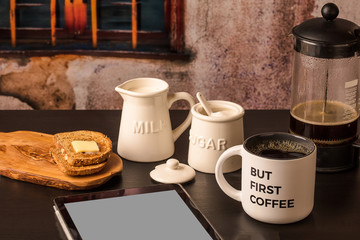 But First Coffee with blank tablet,  toast, milk, sugar horizontal