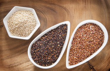 Seeds of white, red and black quinoa - Chenopodium quinoa