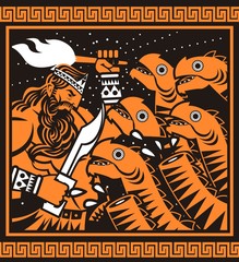 orange and black painting of greek mythology hercules cutting hydra heads - obrazy, fototapety, plakaty