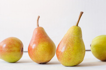 Fruit background. Fresh organic pears on old wood. Pear autumn harvest
