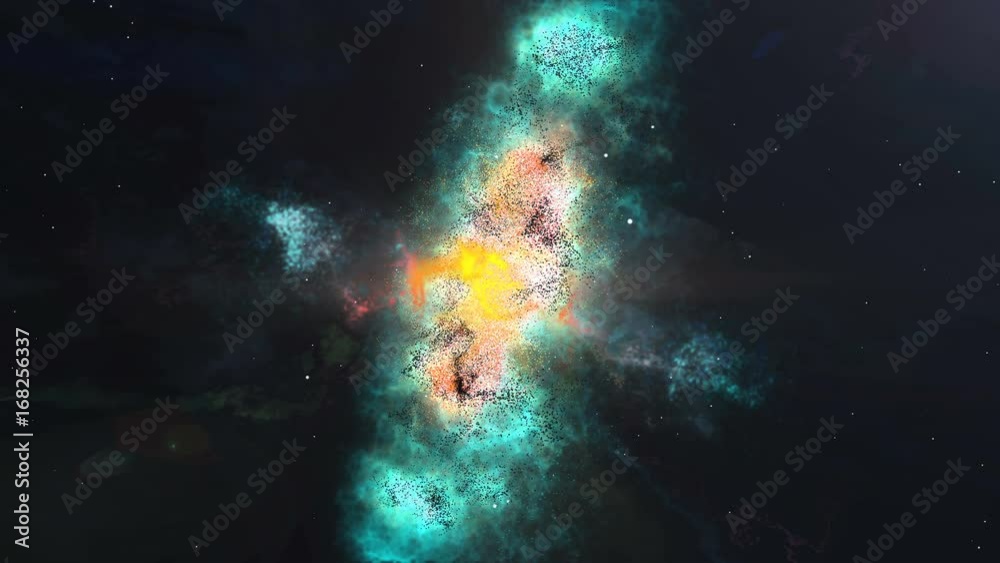Wall mural camera fly around abstract colorful nebula and starry sky in outer space