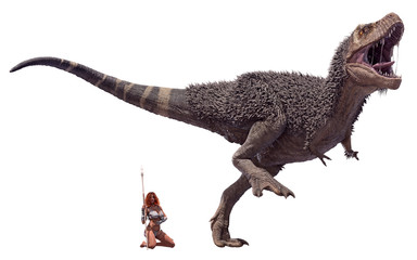 A 3D rendering of a male Tyrannosaurus Rex and a cave woman, isolated on a white background.