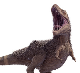 A 3D rendering of Tyrannosaurus Rex up close, isolated on a white background.
