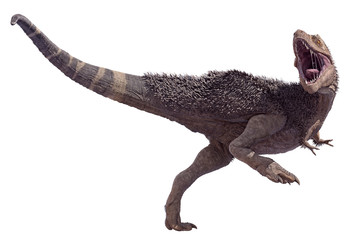 A 3D rendering of Tyrannosaurus Rex, isolated on a white background.