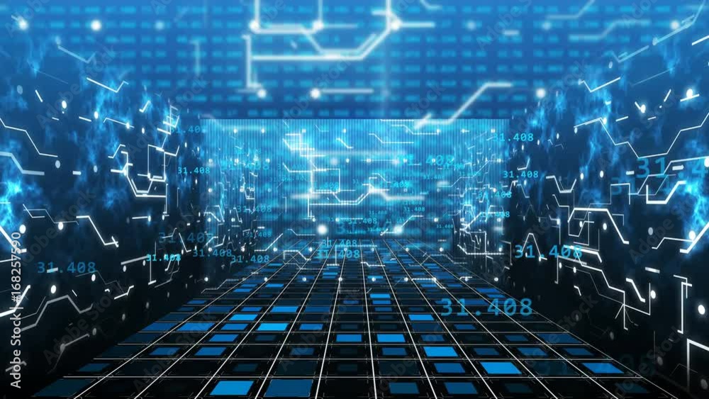 Poster digital computer grid matrix room technology with a light data circuit board elements