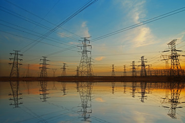 Wire electrical energy at sunset