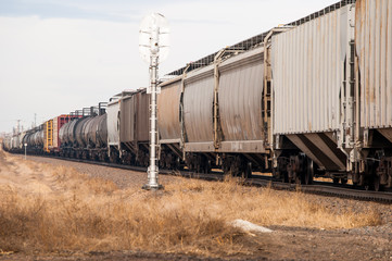 Fototapeta na wymiar A freight train passing a railrod signal.