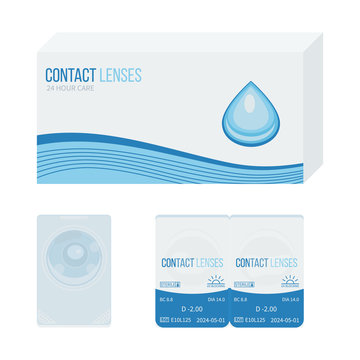 Contact lenses in a pack, front and back side vector..