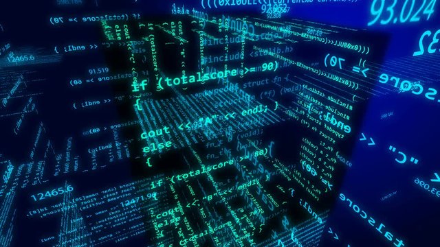 Abstract digital html web design code for developers background on dark.