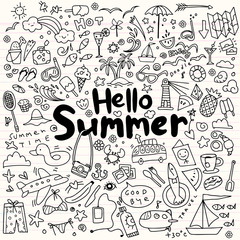Hand drawn vector illustration set of summer elements.Hand drawing Doodle