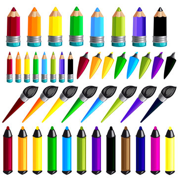 On white background isolated school chalkboard set of paint pen pencil pen