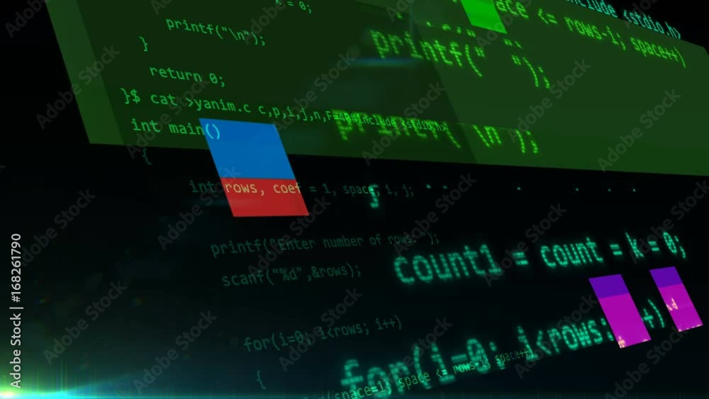 Poster abstract programming code with digital glitch noises on a screen