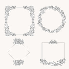 Vectored Rose Frames, Ink Drawn Floral Ornaments, Black and White Flower Backgrounds