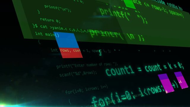 Abstract programming code with digital glitch noises on a screen