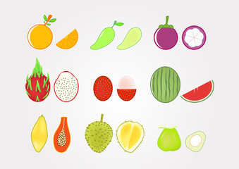 Fruits with fruit pulp on gradient grey background.