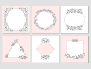 Vectored Rose Frames, Ink Drawn Floral Ornaments, Salmon Pink Flower Backgrounds