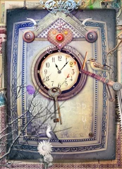 Foto op Plexiglas Wonderland-landschap met gotische binnenkant, klok, hart en sleutel © Rosario Rizzo