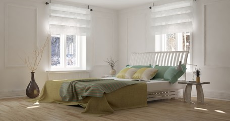 Inspiration of white minimalist bedroom. Scandinavian interior design. 3D illustration