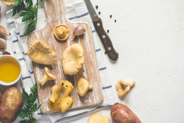 White Cooking background with wild chanterelles on a cutting board, spices and knife