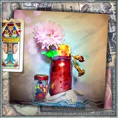 Zelfklevend Fotobehang Still life with red jar,tarots,pastels and colors © Rosario Rizzo