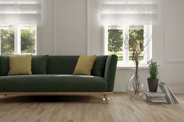 Idea of white room with sofa and summer landscape in window. Scandinavian interior design. 3D illustration