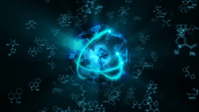 Abstract atom model animation and chemistry formulas on a dark background.